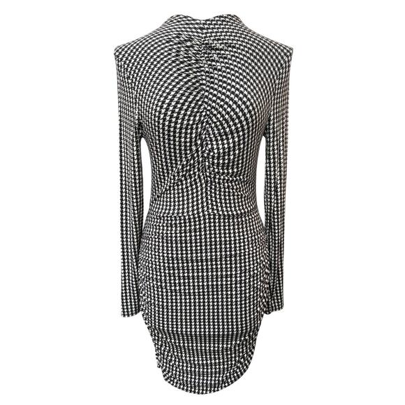 Veronica Beard Mizani Houndstooth Ruched Long Sleeve Dress Medium Black White - Picture 1 of 4